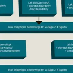Schemat leczenia nadciśnienia tętniczego: kombinacje leków, w tym ACEI, beta-adrenolityki, blokery RAA, antagoniści wapnia i diuretyki.