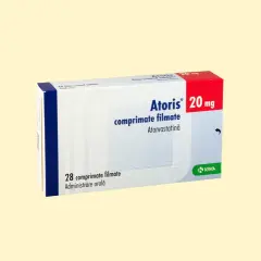 Opakowanie leku Atoris 20 mg, zawierające 28 tabletek powlekanych do stosowania doustnego.