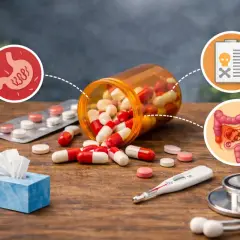 Leki, termometr, chusteczki i ikony żołądka, jelit oraz ostrzeżenia. Objawy po antybiotyku: problemy z trawieniem, nudności, a nawet brak apetytu po antybiotyku.