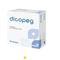 Opakowanie leku dicopeg dla dorosłych, zawierające 14 saszetek po 10 g makrogolu.