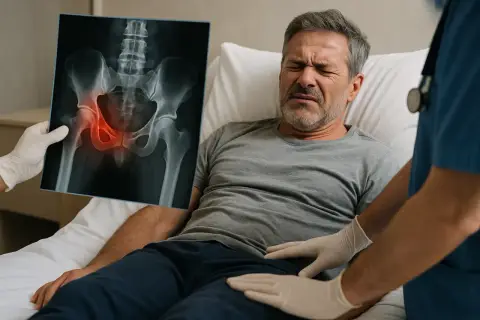 Lekarz pokazuje pacjentowi RTG miednicy z zaznaczonym bólem, sugerującym złamanie kości łonowej i powikłania.