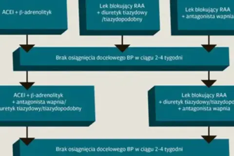 Schemat leczenia nadciśnienia tętniczego: kombinacje leków, w tym ACEI, beta-adrenolityki, blokery RAA, antagoniści wapnia i diuretyki.