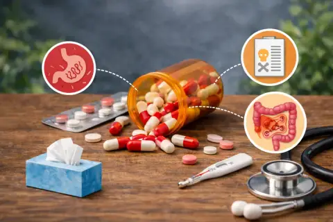 Leki, termometr, chusteczki i ikony żołądka, jelit oraz ostrzeżenia. Objawy po antybiotyku: problemy z trawieniem, nudności, a nawet brak apetytu po antybiotyku.