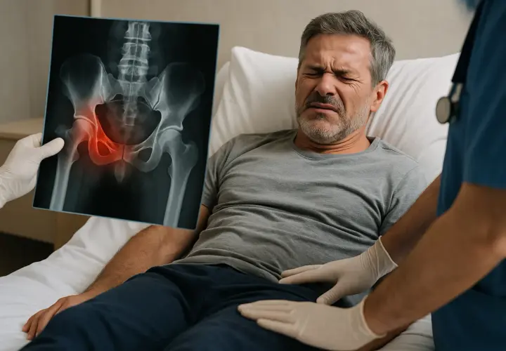 Lekarz pokazuje pacjentowi RTG miednicy z zaznaczonym bólem, sugerującym złamanie kości łonowej i powikłania.
