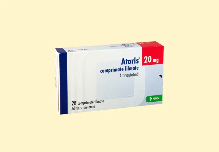 Opakowanie leku Atoris 20 mg, zawierające 28 tabletek powlekanych do stosowania doustnego.