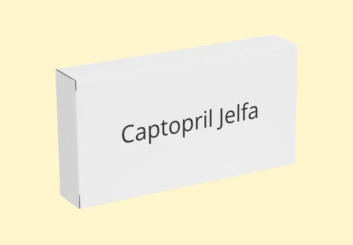 Opakowanie leku Captopril Jelfa. Stosowany na nadciśnienie i niewydolność serca.