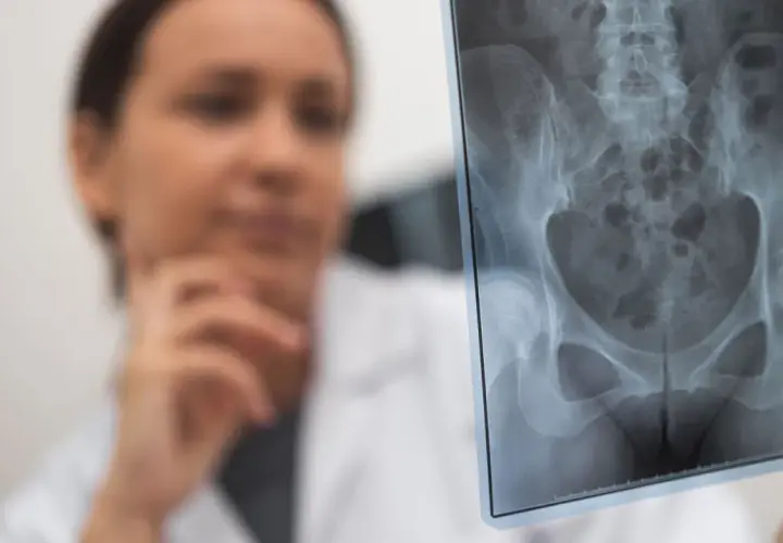 Lekarka analizuje zdjęcie RTG miednicy, szukając oznak złamania kości biodrowej.