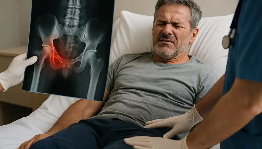 Lekarz pokazuje pacjentowi RTG miednicy z zaznaczonym bólem, sugerującym złamanie kości łonowej i powikłania.