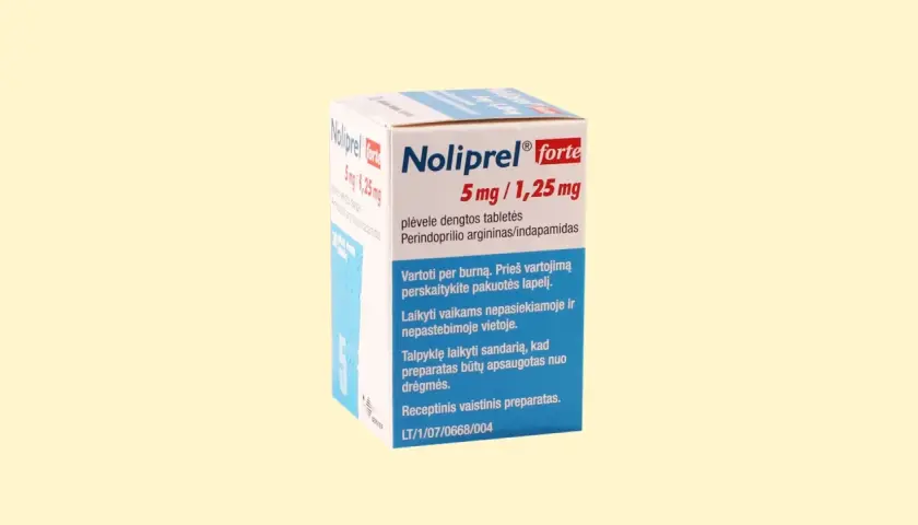 Opakowanie leku Noliprel forte 5 mg/1,25 mg, stosowanego w leczeniu nadciśnienia.