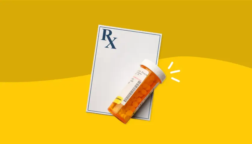 Recept i buteleczka z tabletkami Skudexa 75 mg + 25 mg na żółtym tle.