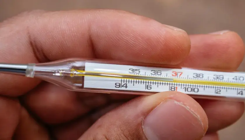 Dłoń trzyma termometr, na którym widać 37,5 stopni Celsjusza.