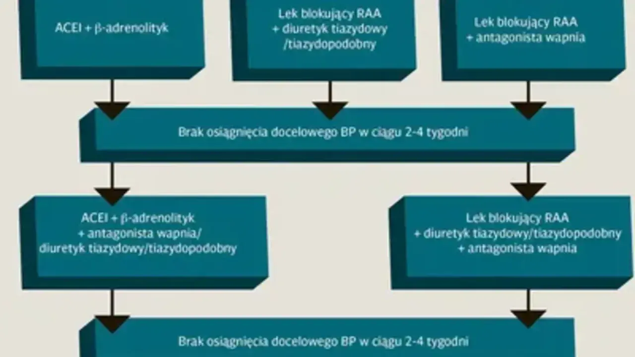 Schemat leczenia nadciśnienia tętniczego: kombinacje leków, w tym ACEI, beta-adrenolityki, blokery RAA, antagoniści wapnia i diuretyki.