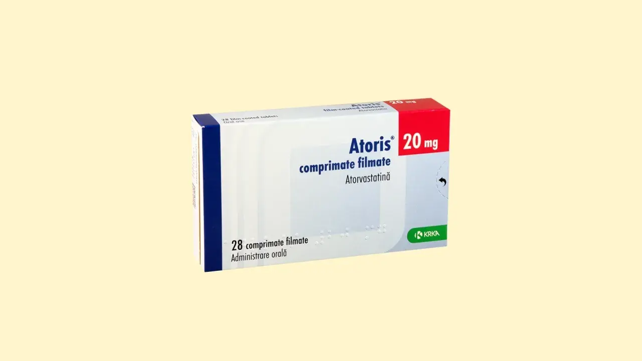 Opakowanie leku Atoris 20 mg, zawierające 28 tabletek powlekanych do stosowania doustnego.