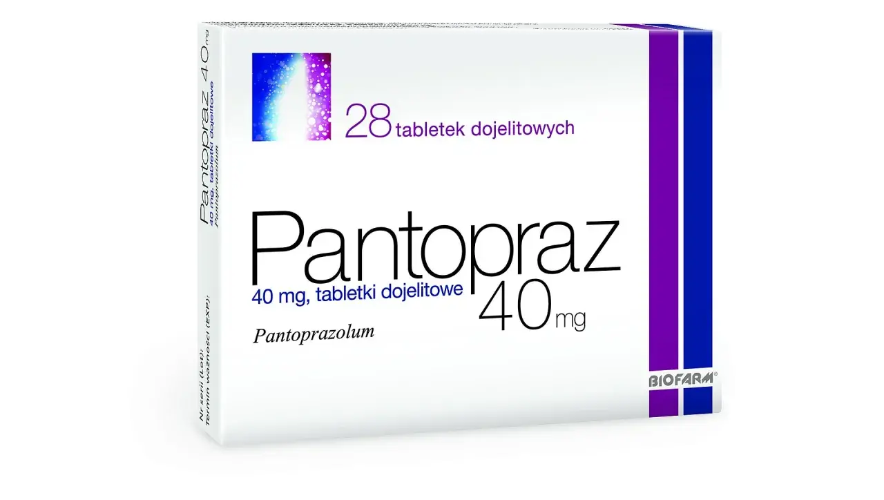 Opakowanie leku Pantopraz 40 mg, zawierające 28 tabletek dojelitowych. Producent: BIOFARM.