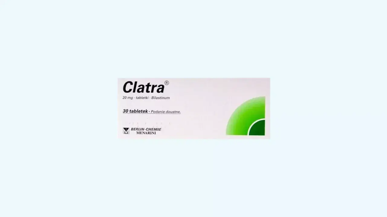 Opakowanie leku Clatra na alergię, zawierające 30 tabletek po 20 mg bilastyny.