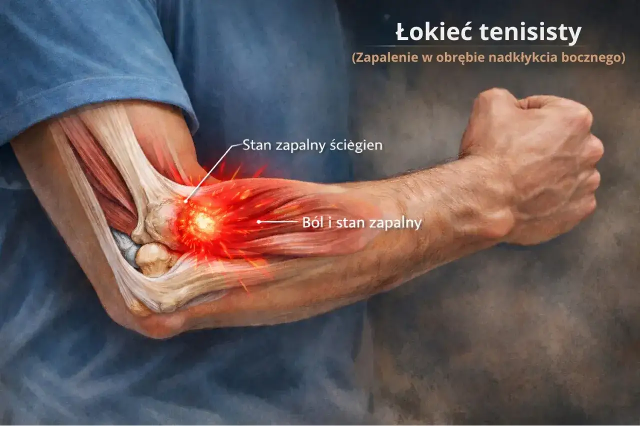 Anatomia łokcia z zaznaczonym stanem zapalnym ścięgien i bólem, ilustrująca nieleczony łokieć tenisisty.