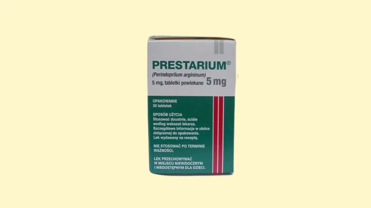 Opakowanie leku Prestarium (perindoprilum argininum) 5 mg, stosowanego w leczeniu nadciśnienia.