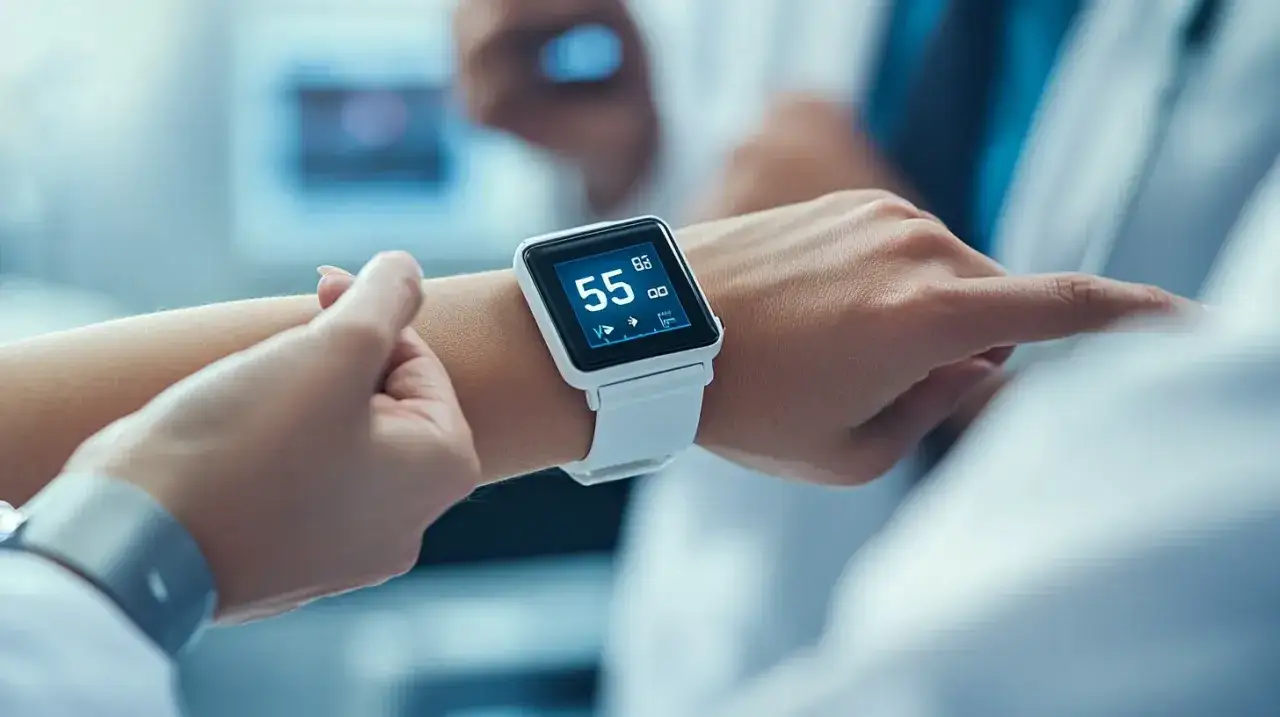 Biały smartwatch na nadgarstku pokazuje 55 uderzeń na minutę, co oznacza prawidłowe tętno.