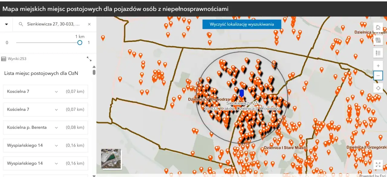 Mapa Polski z zaznaczonymi miastami i ich zasadami parkowania dla niepełnosprawnych